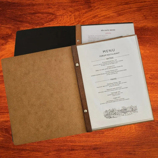 Tuscan all Leather 5 or 10 pocket Black or Tan Restaurant Menu Cover FCM Sales